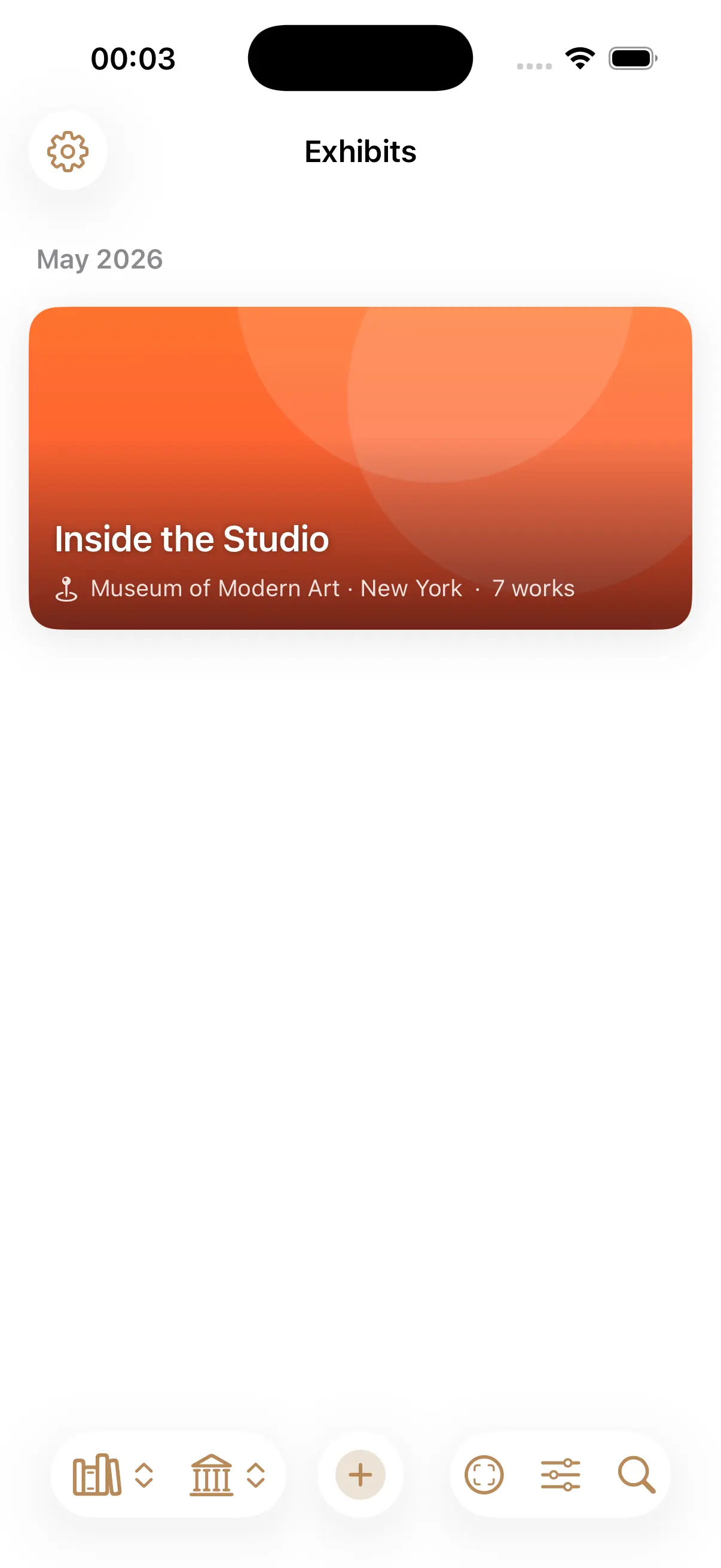 The arttō Exhibits view, showing 'Inside the Studio' as the only exhibit card.