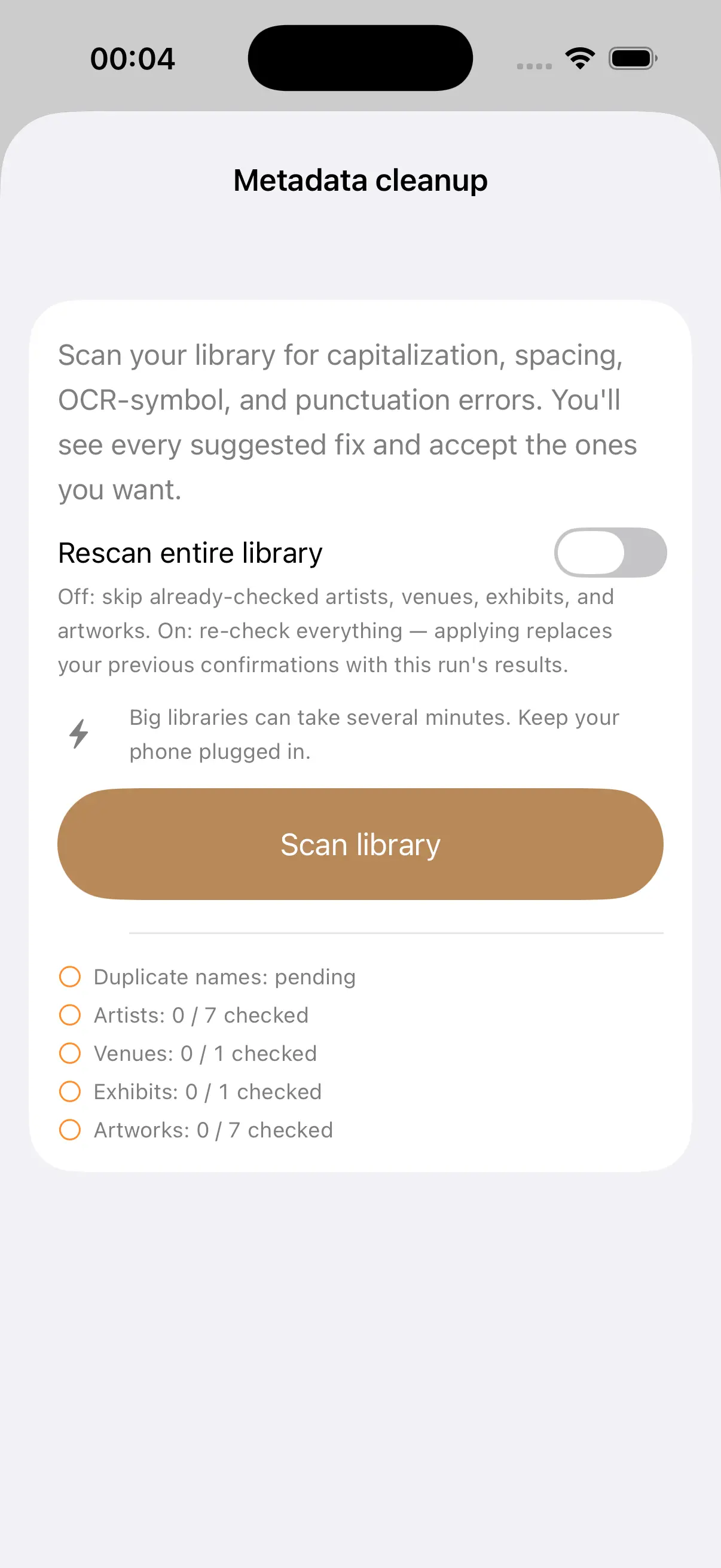Metadata cleanup wizard with status breakdown and a Scan library button.