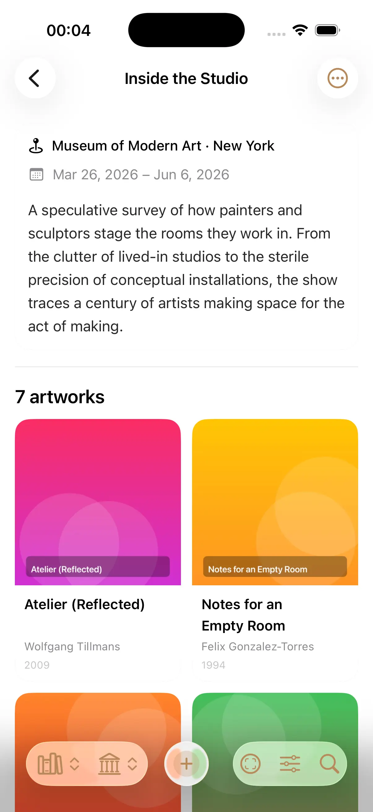 Inside the Studio exhibit detail with show description and a 7-artwork grid.