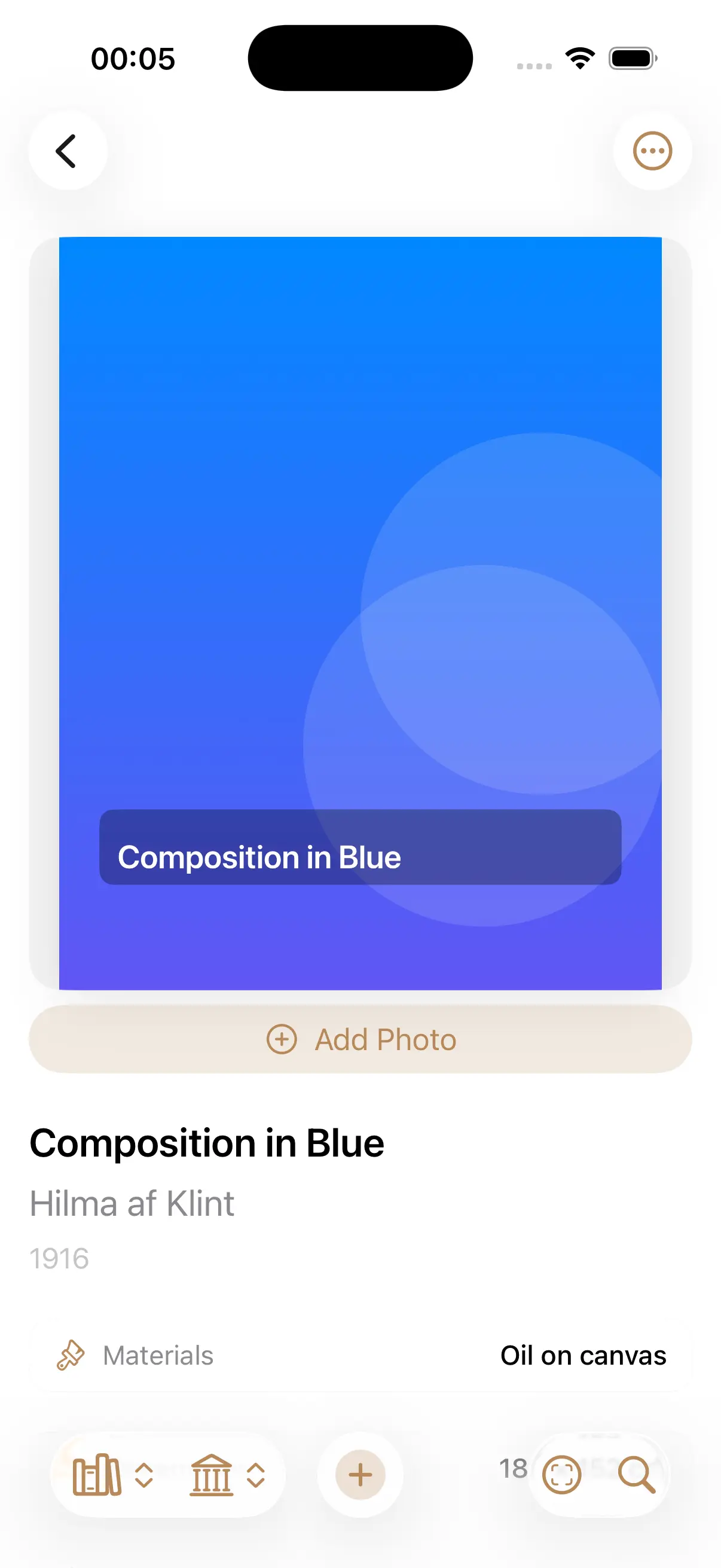 Composition in Blue artwork detail with materials, dimensions, and exhibit link.